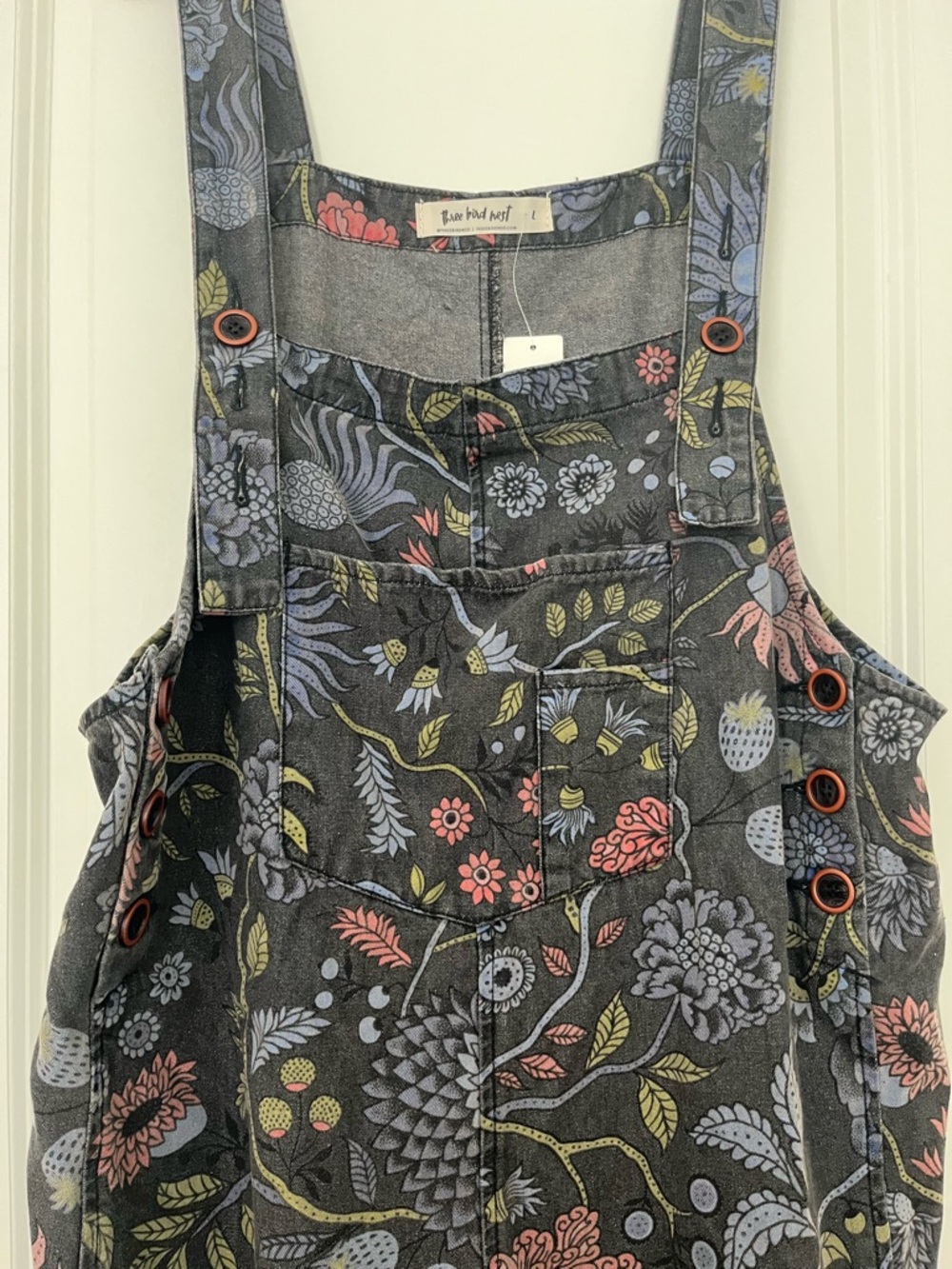 Three Bird Nest Dark Gray Floral Denim Overalls